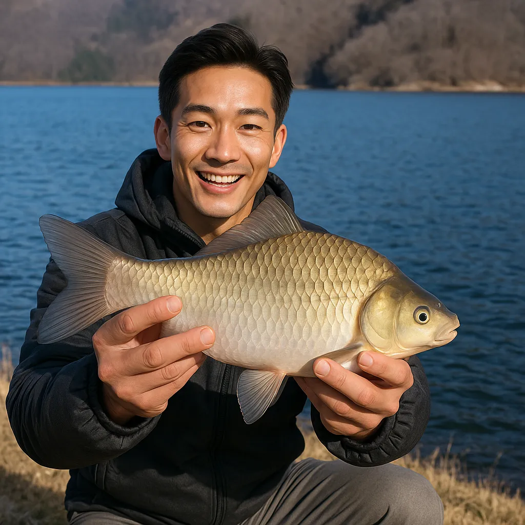 河口湖でヘラブナの釣果を得た勝田.webp