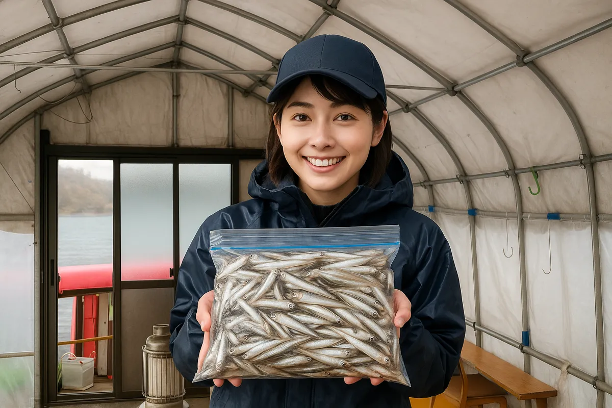 河口湖でワカサギの釣果を得た西岡.webp