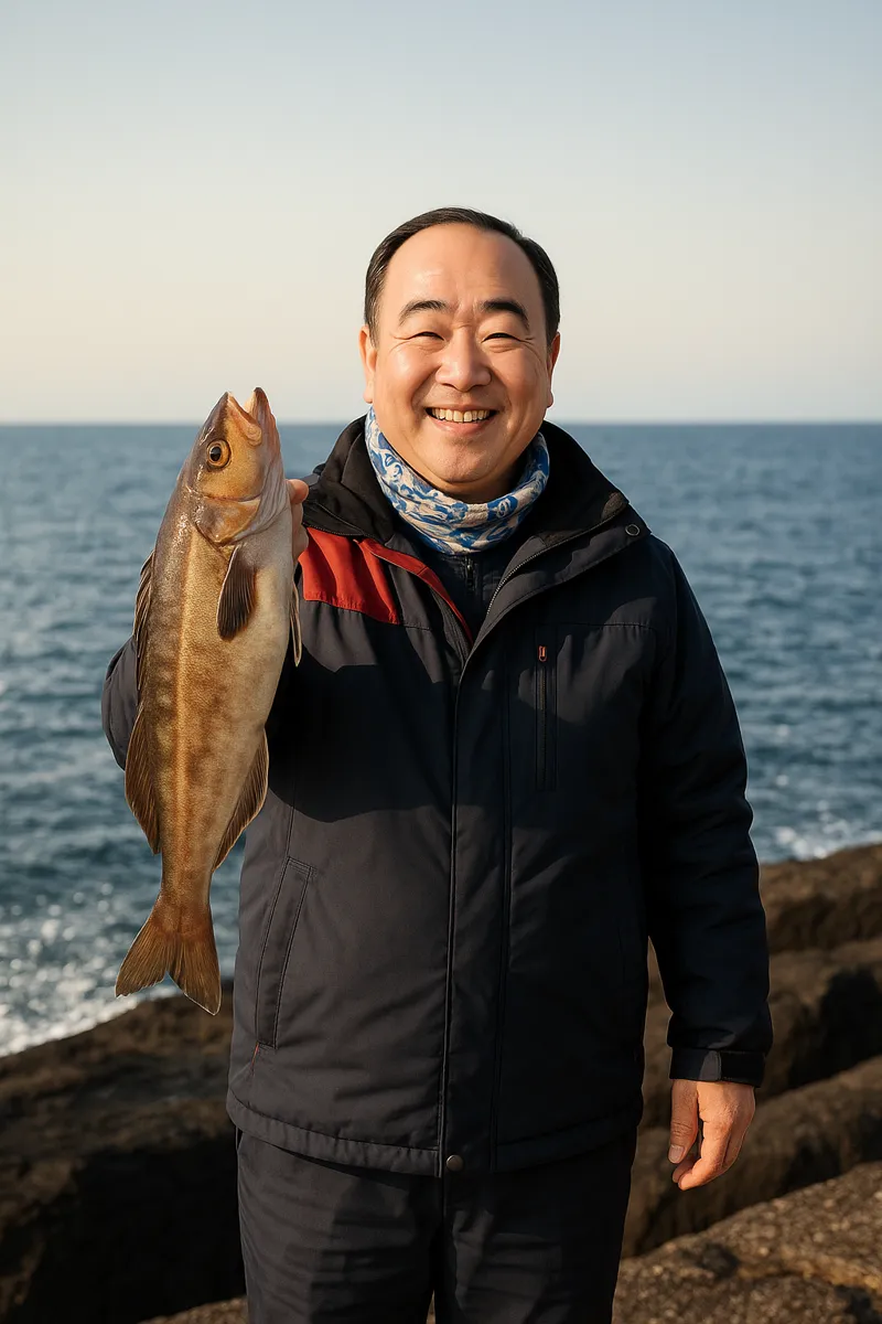 泊村兜岬でホッケの釣果を得た持田.webp