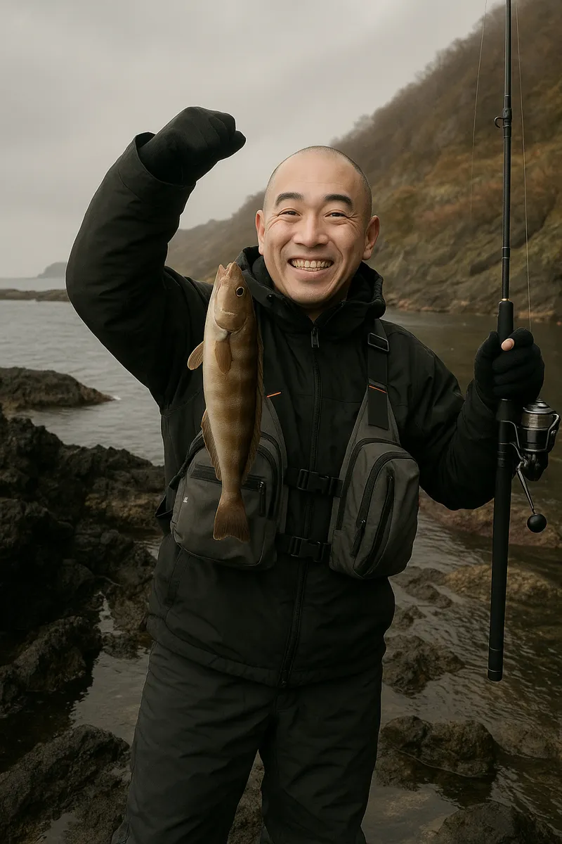 泊村弁天島でホッケの釣果を得たがんだま君.webp