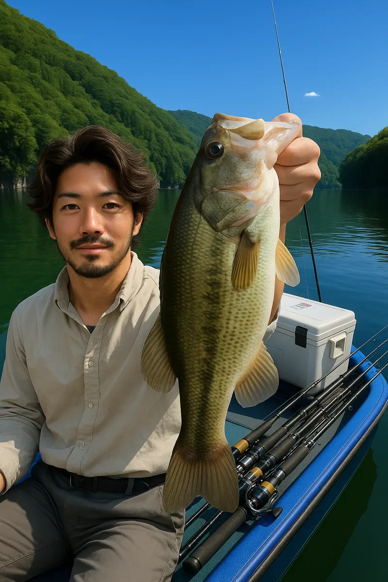 津久井湖でブラックバスの釣果を得た澤田.webp