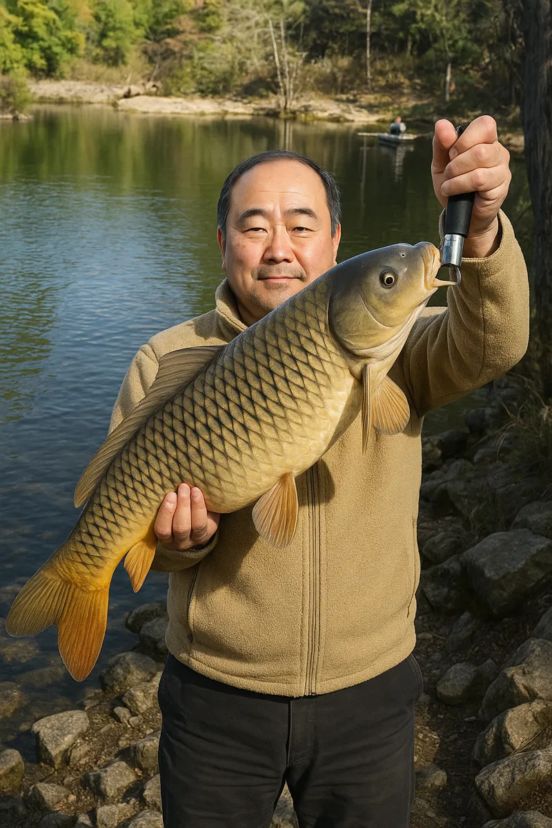 津風呂湖でコイの釣果を得た持田.webp