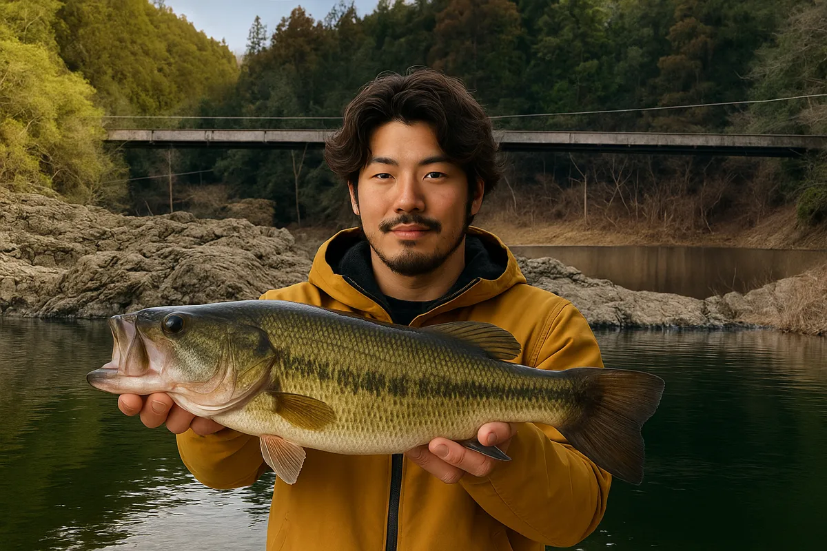津風呂湖でブラックバスの釣果を得た澤田.webp