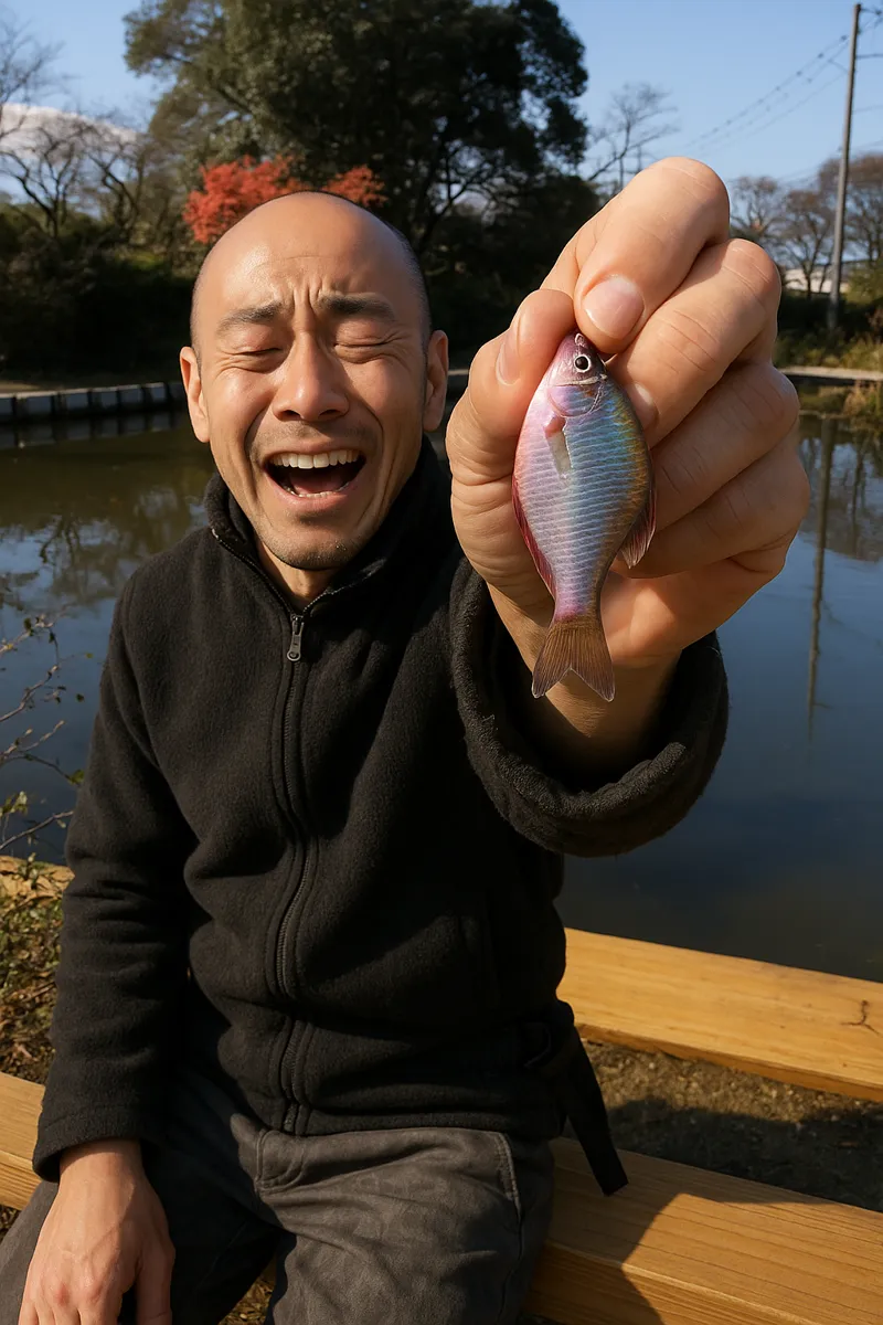 浮島沼釣り場公園でタナゴの釣果を得たがんだま君.webp
