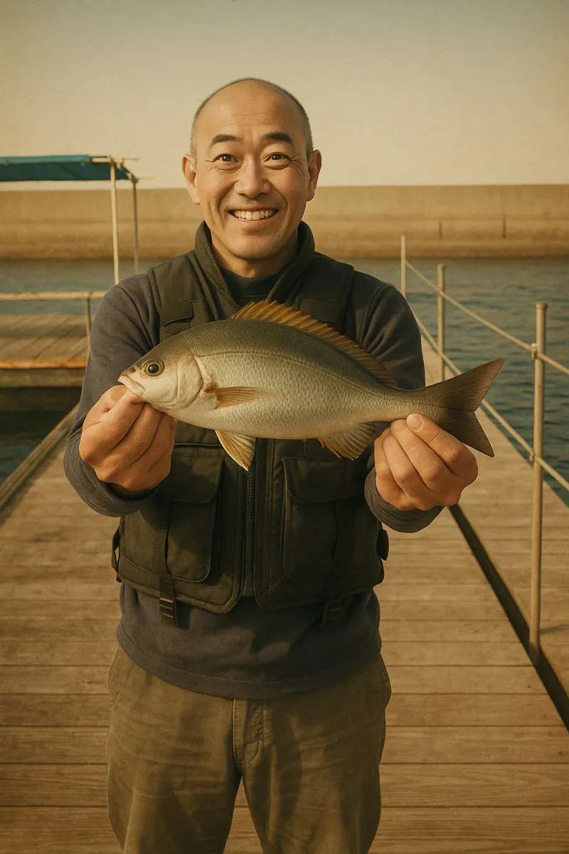 海上釣堀岬でイサキの釣果を得たがんだま君.webp