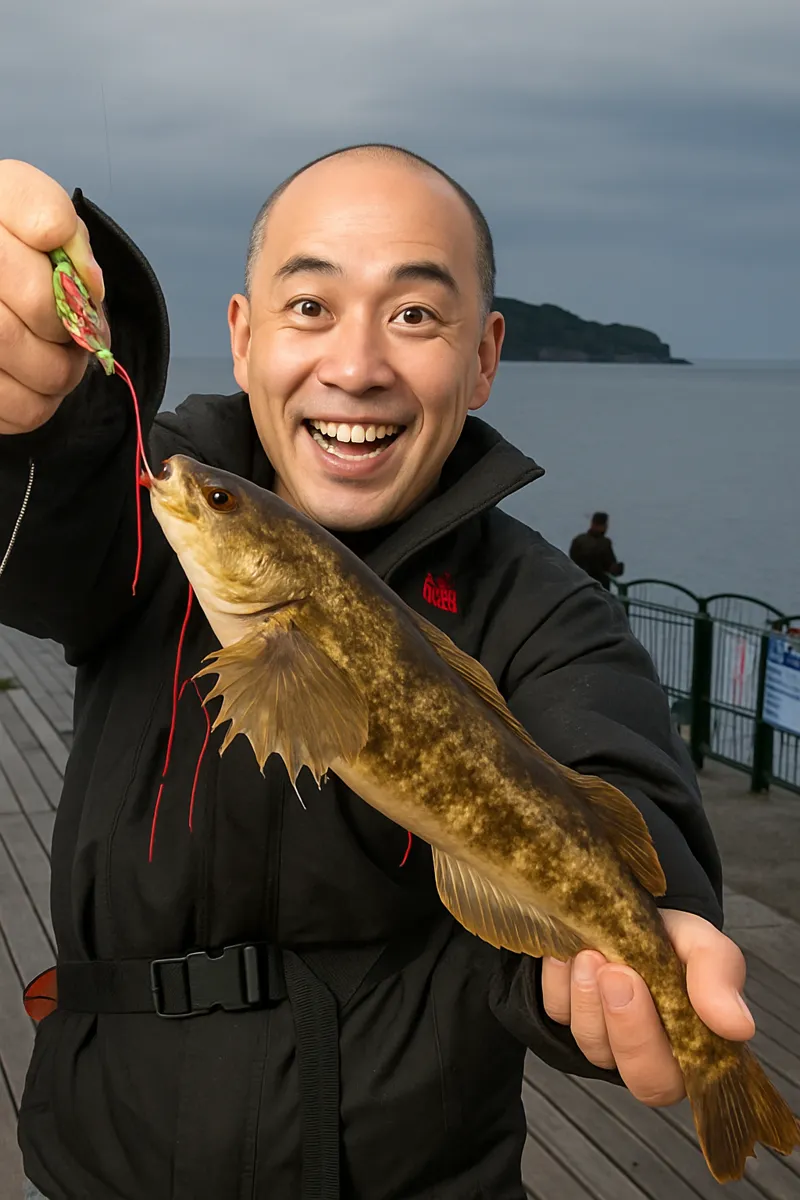 海辺つり公園でアイナメの釣果を得たがんだま君.webp