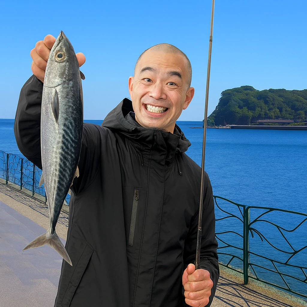 海辺つり公園でソウダガツオの釣果を得たがんだま君.webp