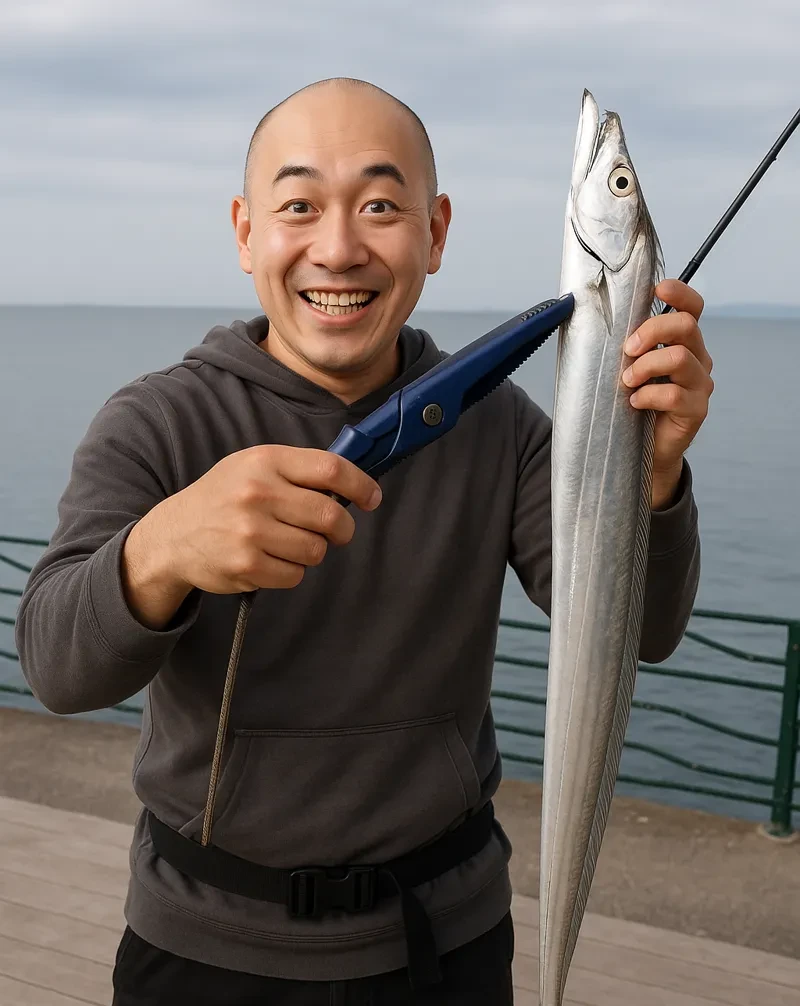海辺つり公園でタチウオの釣果を得たがんだま君.webp