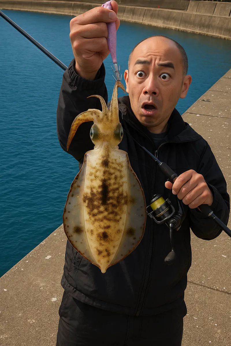涌元漁港でアオリイカの釣果を得たがんだま君.webp