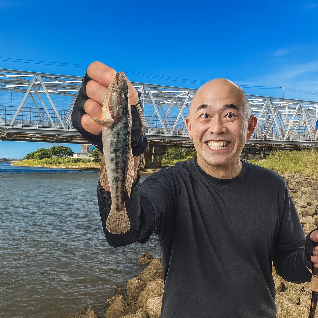 淀川でハゼの釣果を得たがんだま君.webp