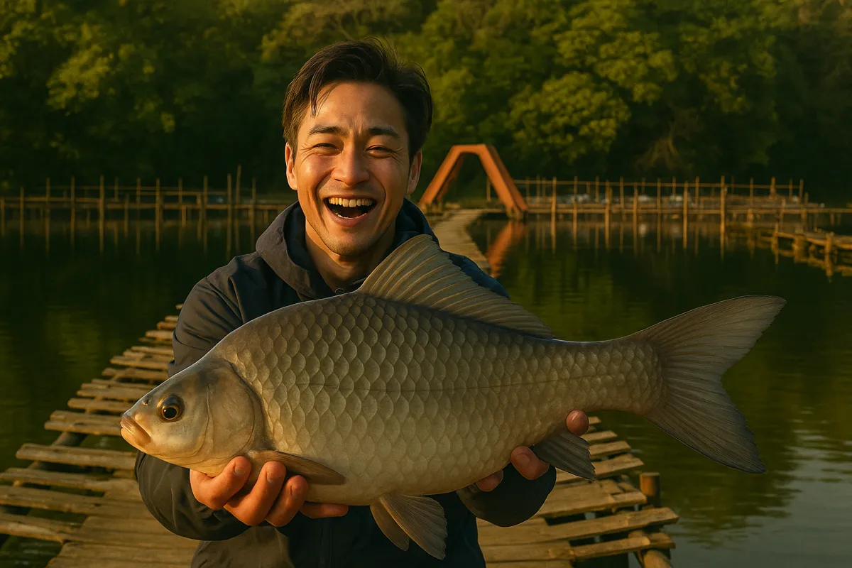清遊湖でヘラブナの釣果を得た勝田.webp