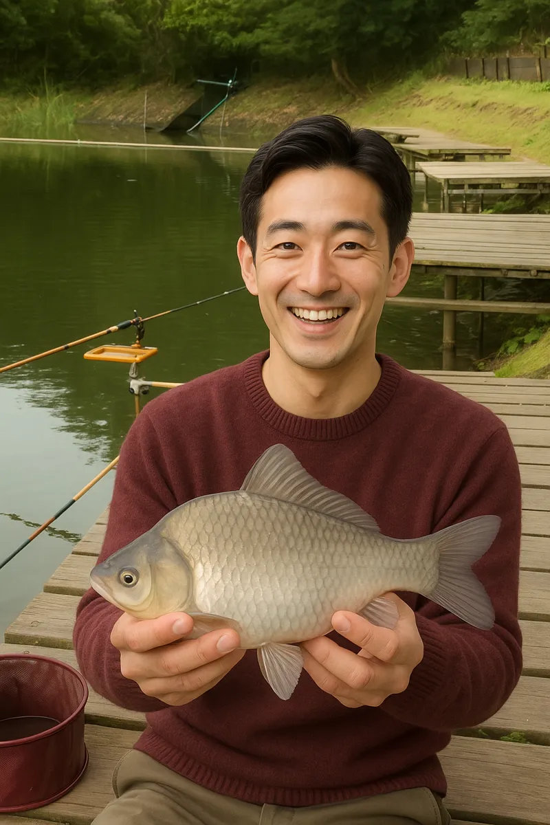 清風池でヘラブナの釣果を得た勝田.webp