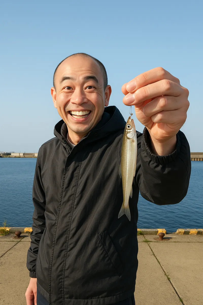 湧別漁港でチカの釣果を得たがんだま君.webp