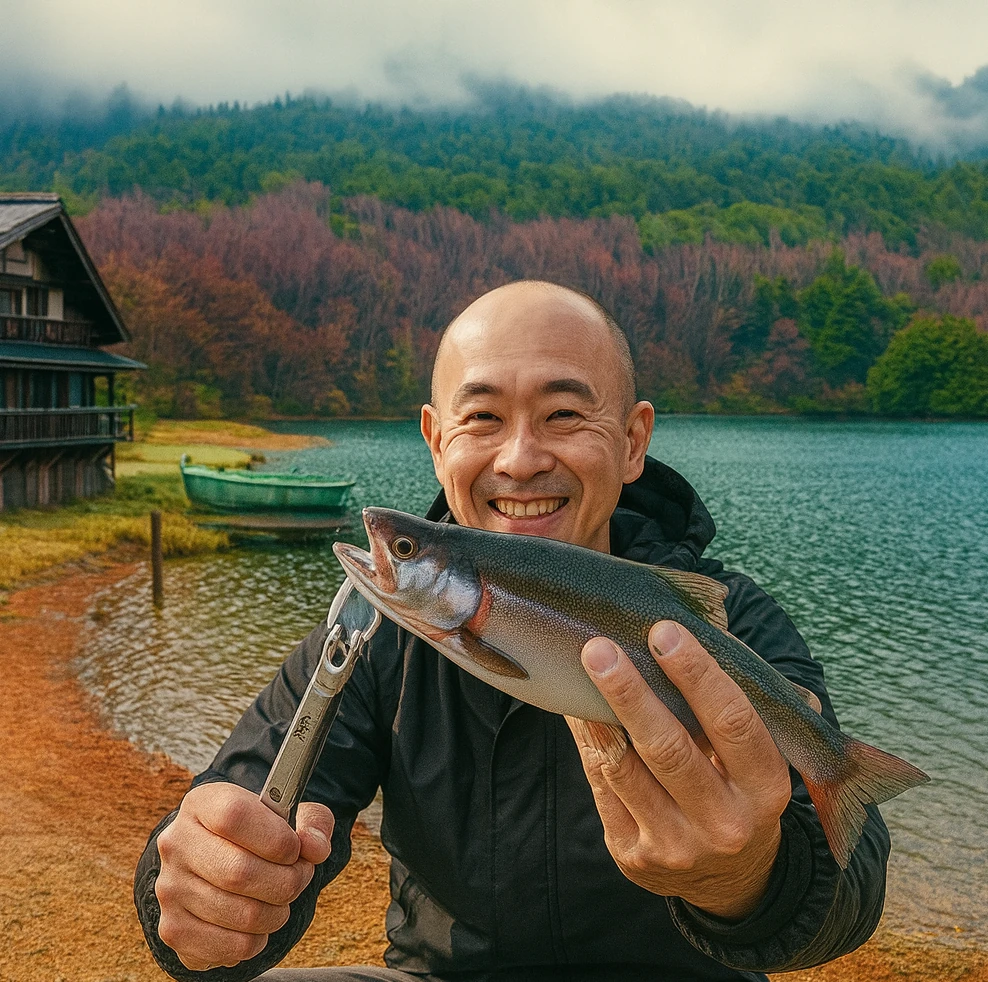 湯ノ湖でヒメマスの釣果を得た男性.webp
