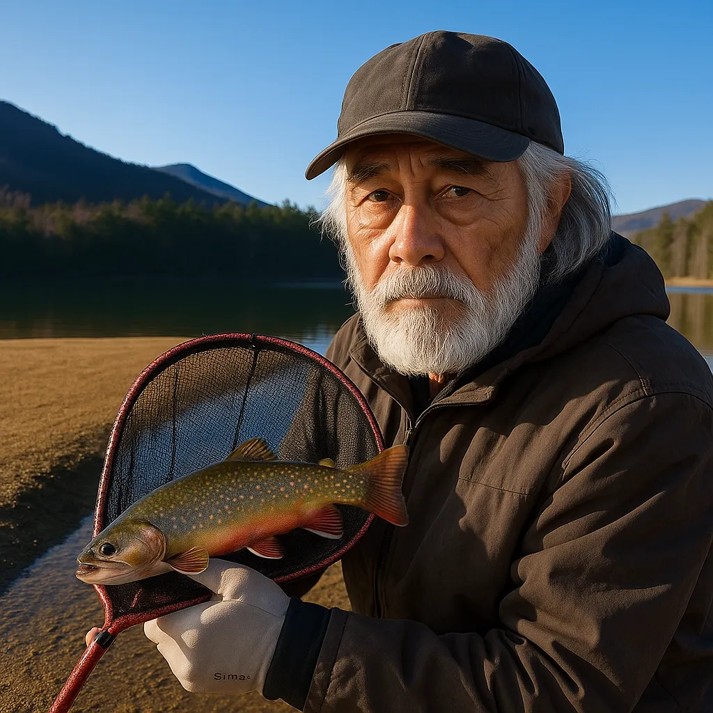 湯ノ湖でブルックトラウトの釣果を得た米田.webp