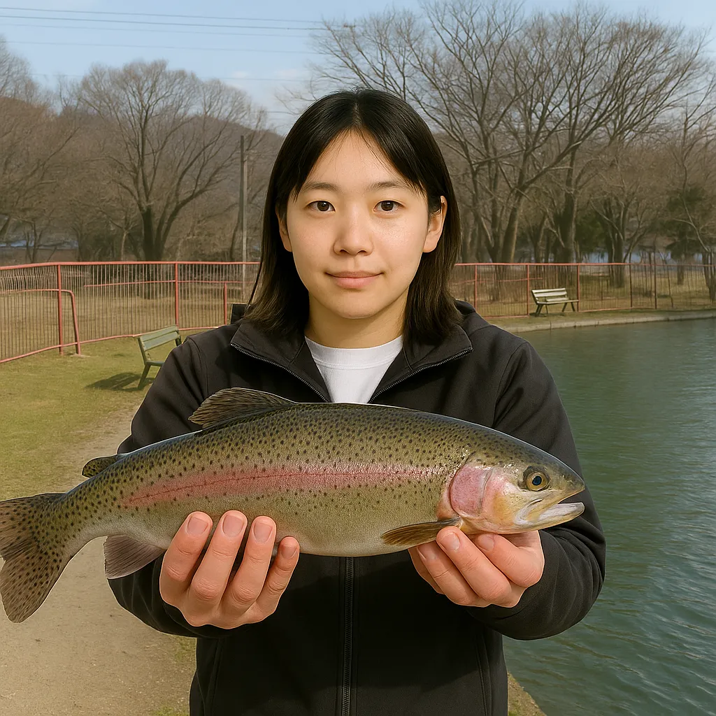 滋賀県南郷水産センターでニジマスの釣果を得た森永.webp