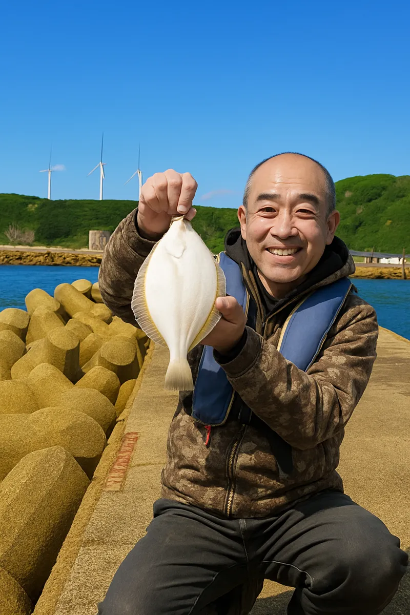 瀬棚港でカレイの釣果を得たがんだま君.webp