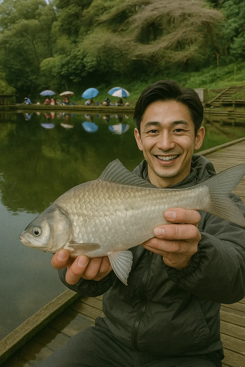 熊の池でヘラブナの釣果を得た勝田.webp