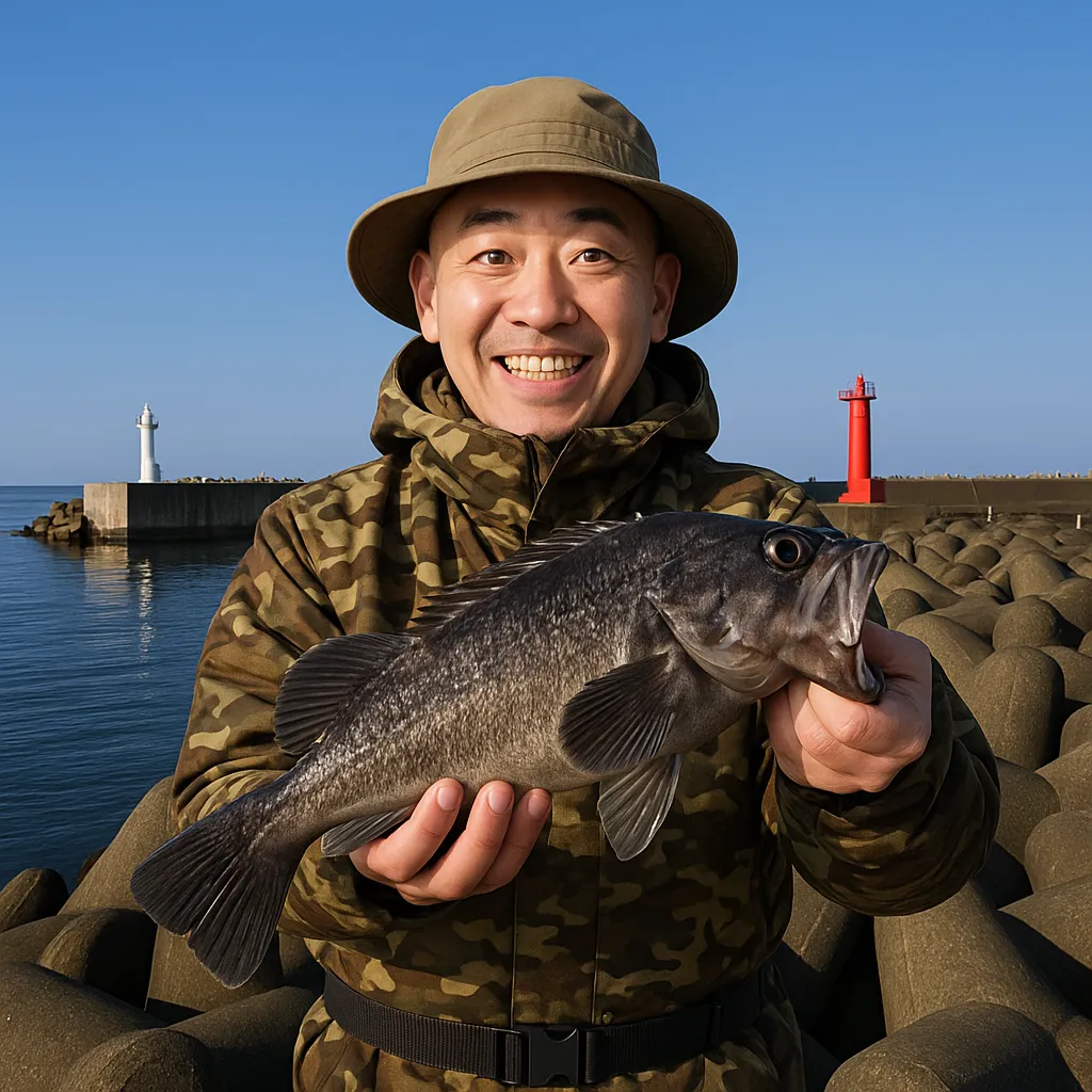 熊石漁港でソイの釣果を得たがんだま君.webp