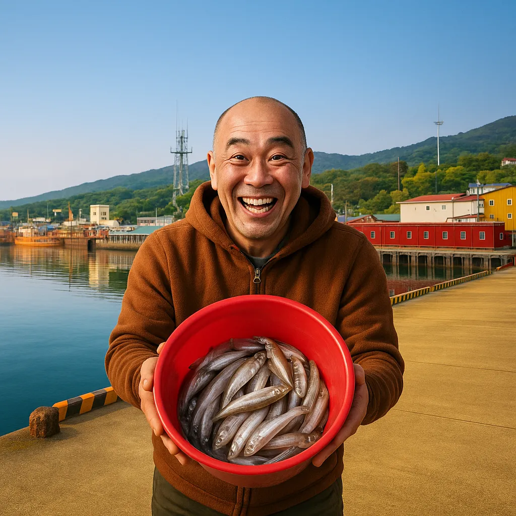 熊石漁港でチカの釣果を得たがんだま君.webp