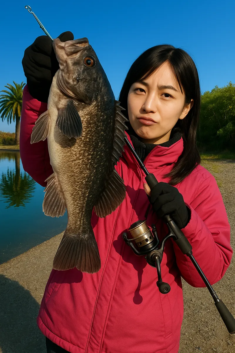 爆釣美浜フィッシングパークでクロソイの釣果を得た女性.webp