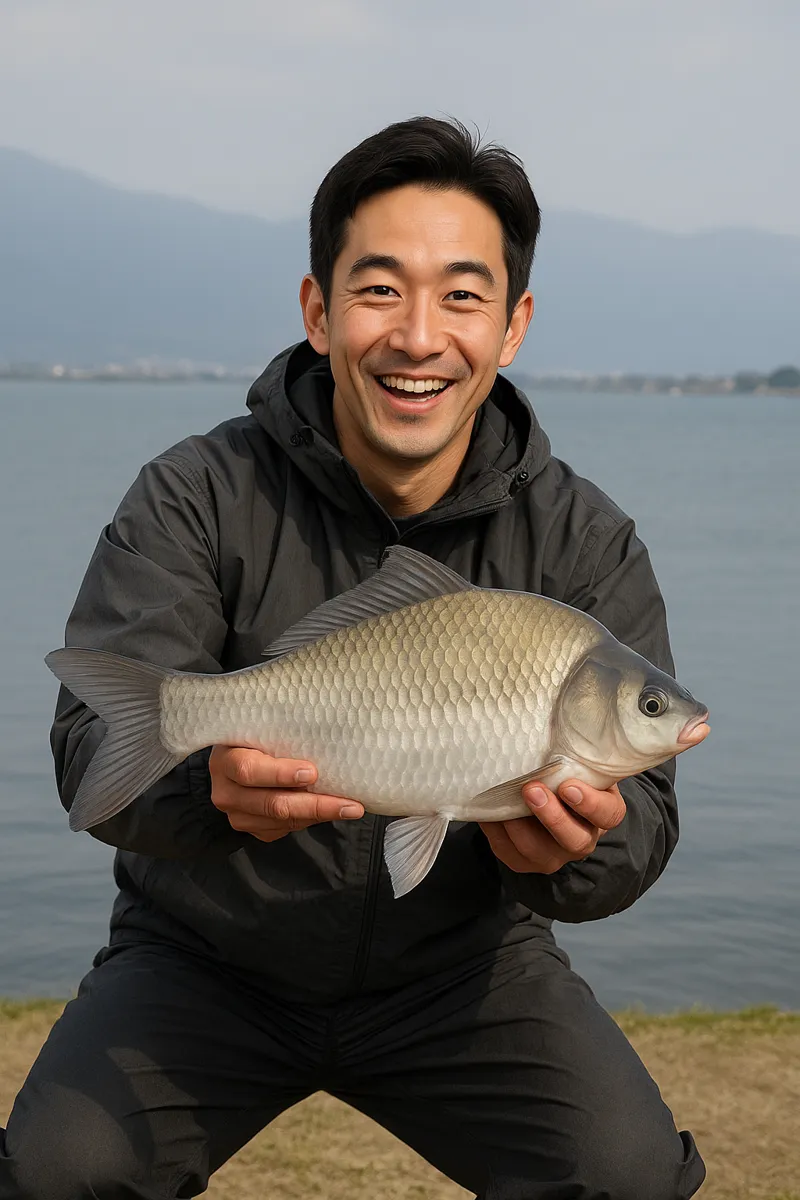 琵琶湖でヘラブナの釣果を得た勝田.webp