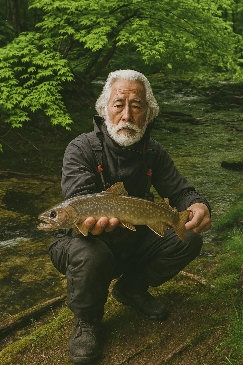 男鹿川でイワナの釣果を得た米田.webp