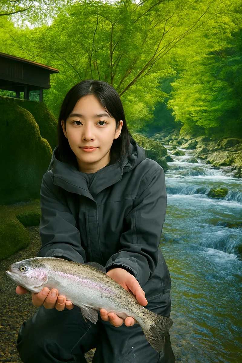 畑宿清流マス釣場でニジマスの釣果を得た森永.webp