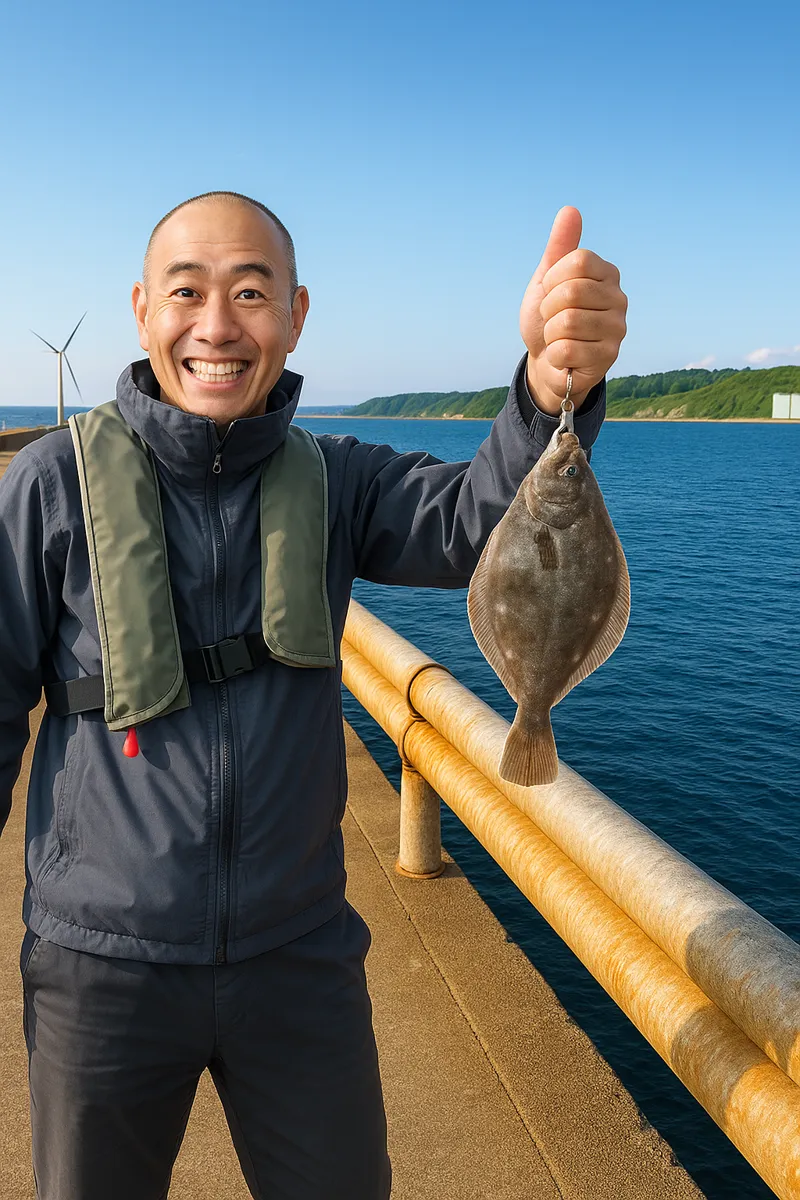 留萌港でカレイの釣果を得たがんだま君.webp