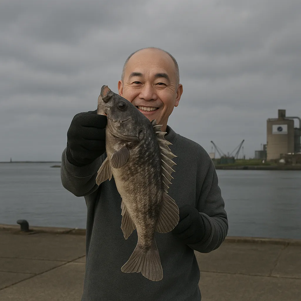 留萌港でクロソイの釣果を得たがんだま君.webp