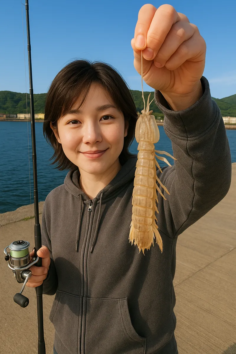 留萌港でシャコの釣果を得た女性.webp