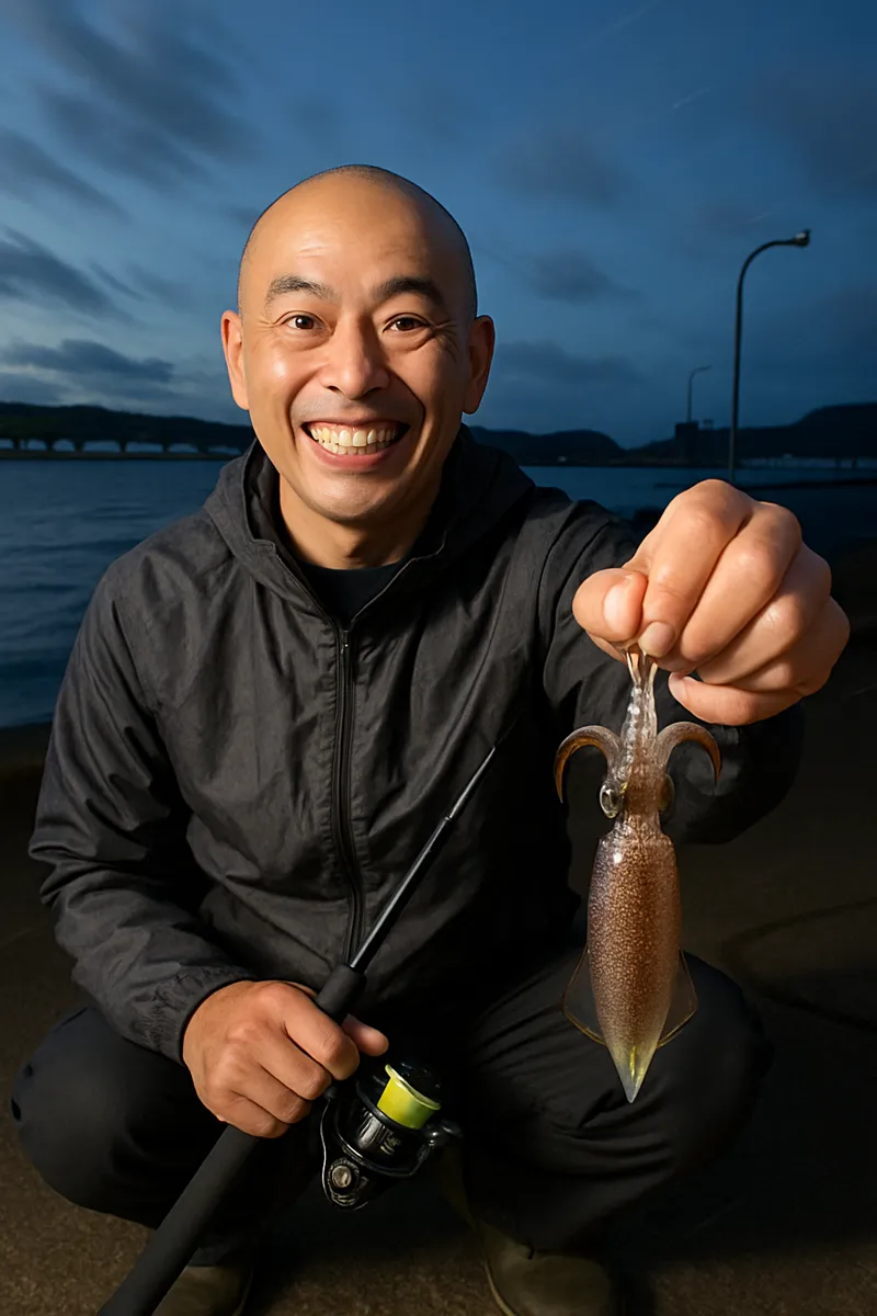 留萌港でマメイカの釣果を得たがんだま君.webp