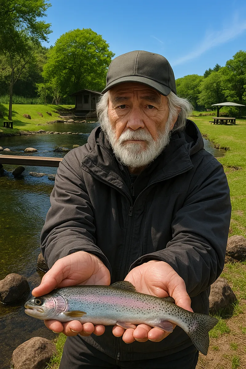 発知渓流つりセンターでニジマスの釣果を得た米田.webp