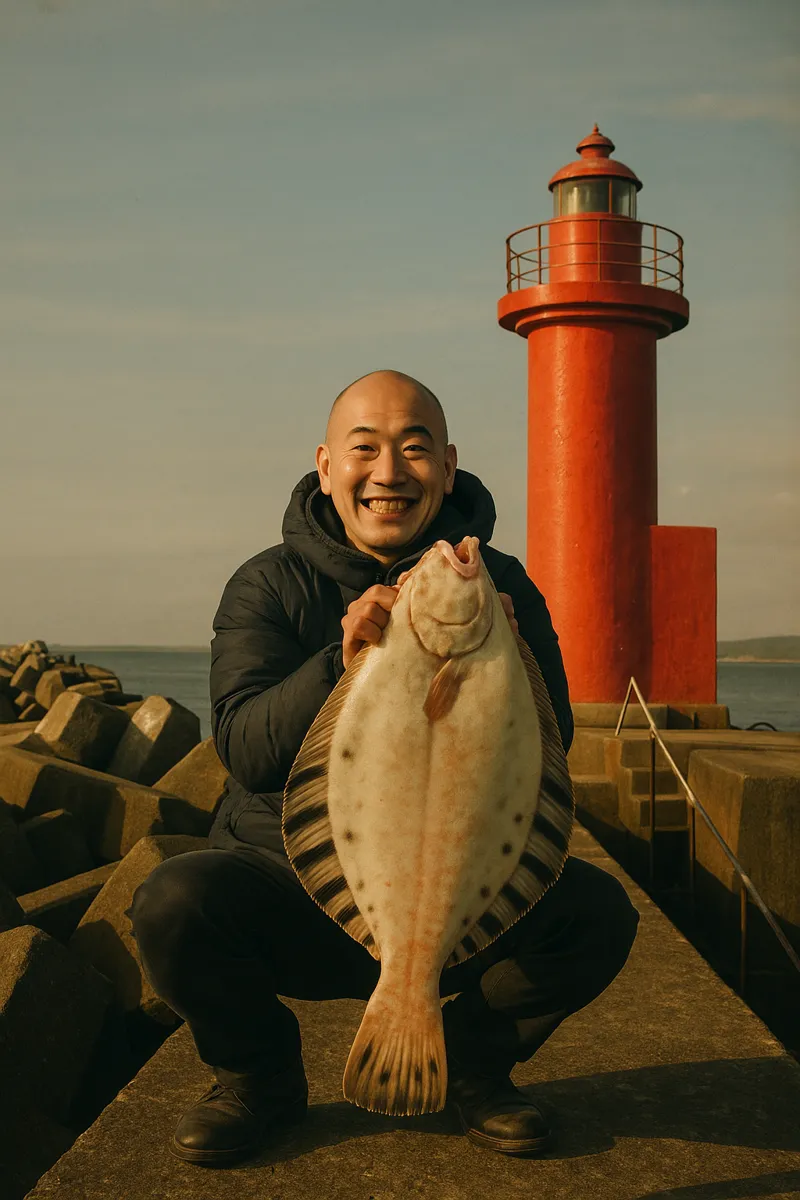 登別漁港でマツカワガレイの釣果を得たがんだま君.webp
