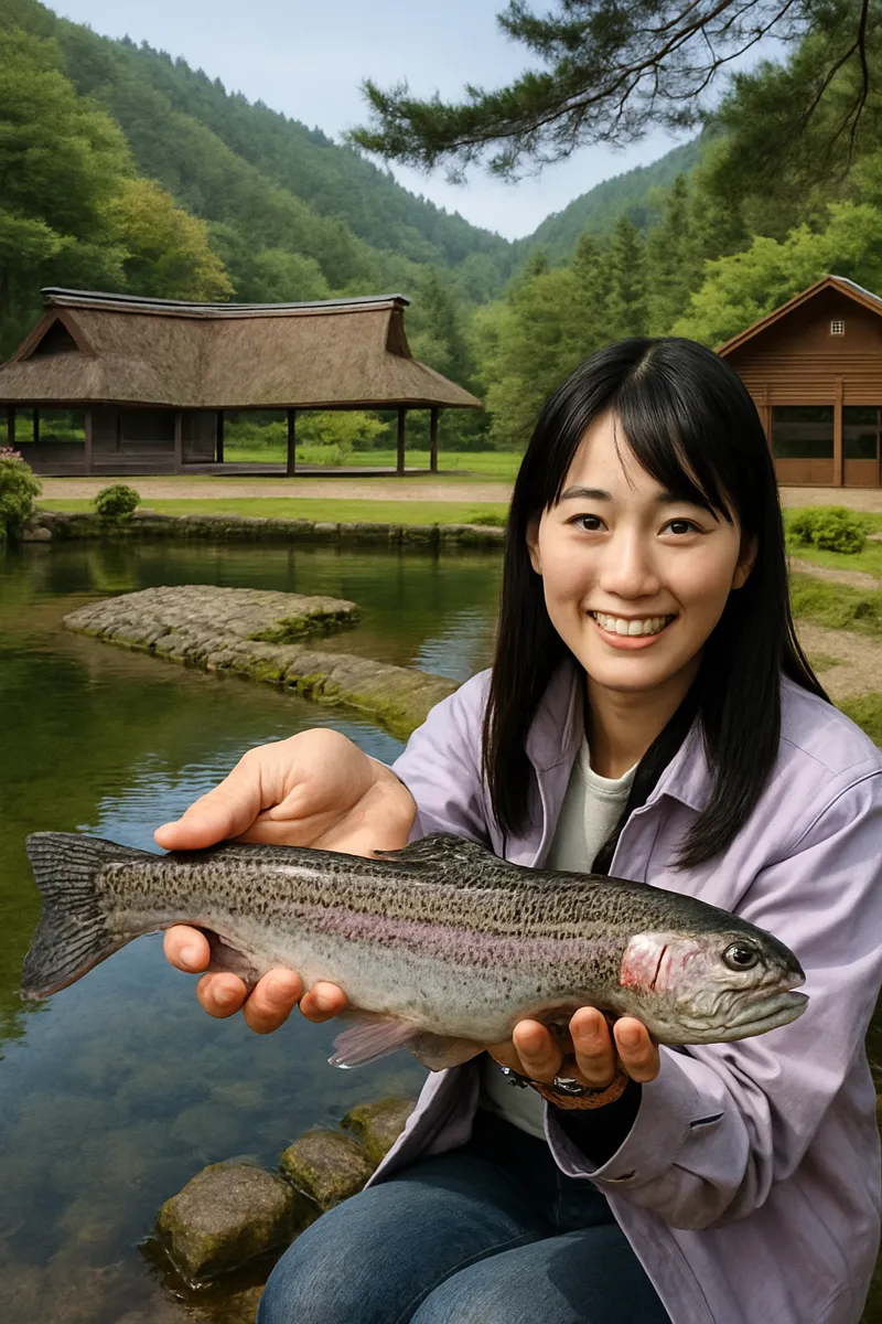白根魚苑でニジマスの釣果を得た女性.webp