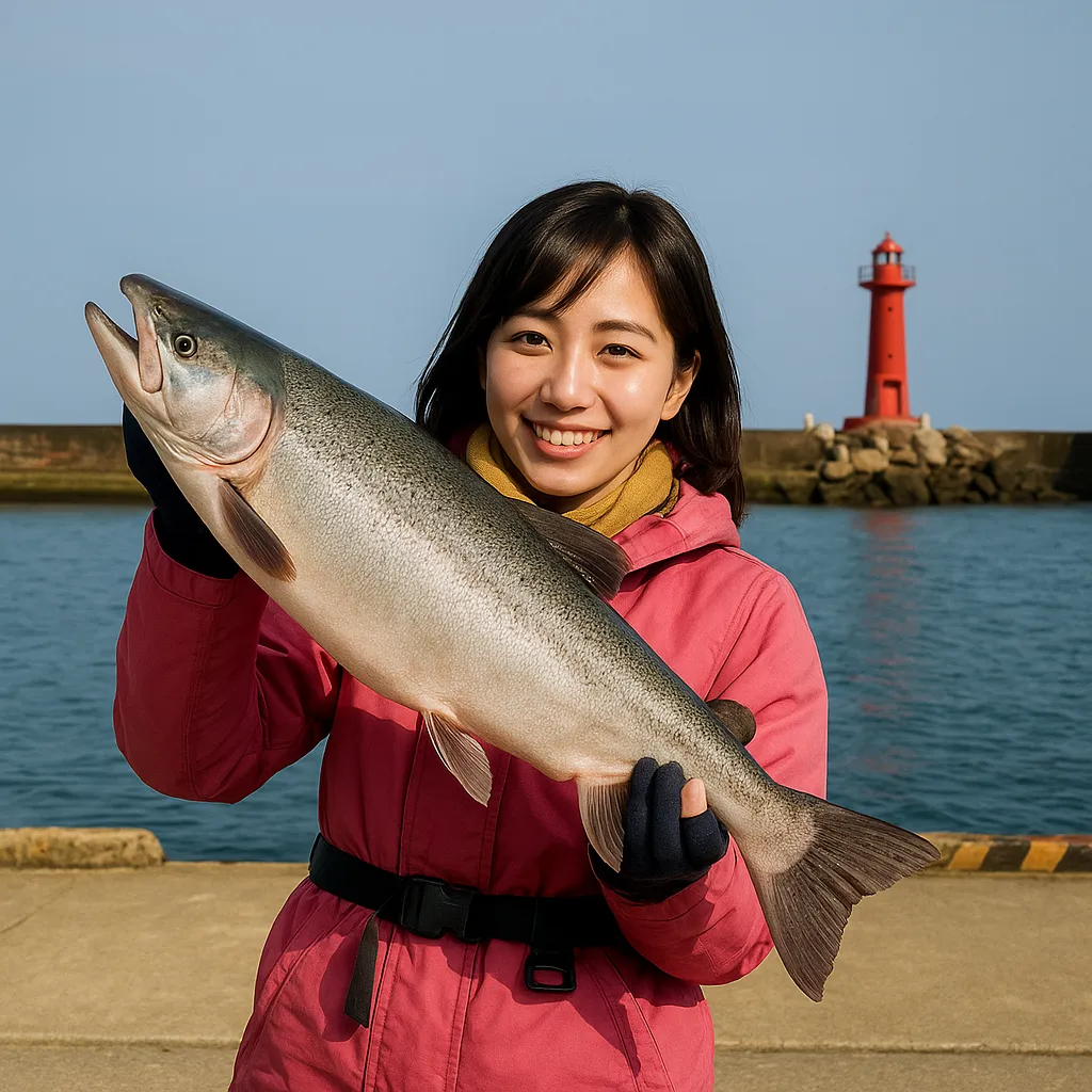 目梨泊漁港でカラフトマスの釣果を得た黒川.webp