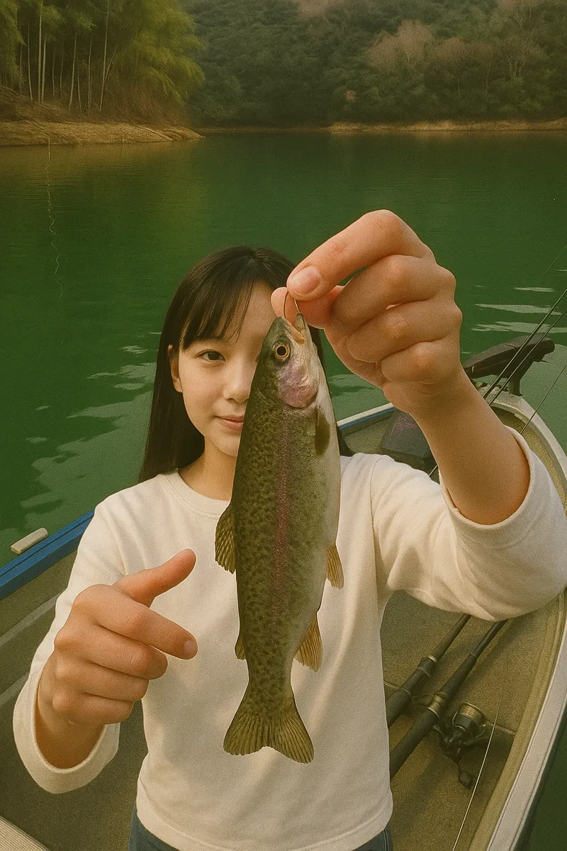 相模湖でニジマスの釣果を得た国生.webp
