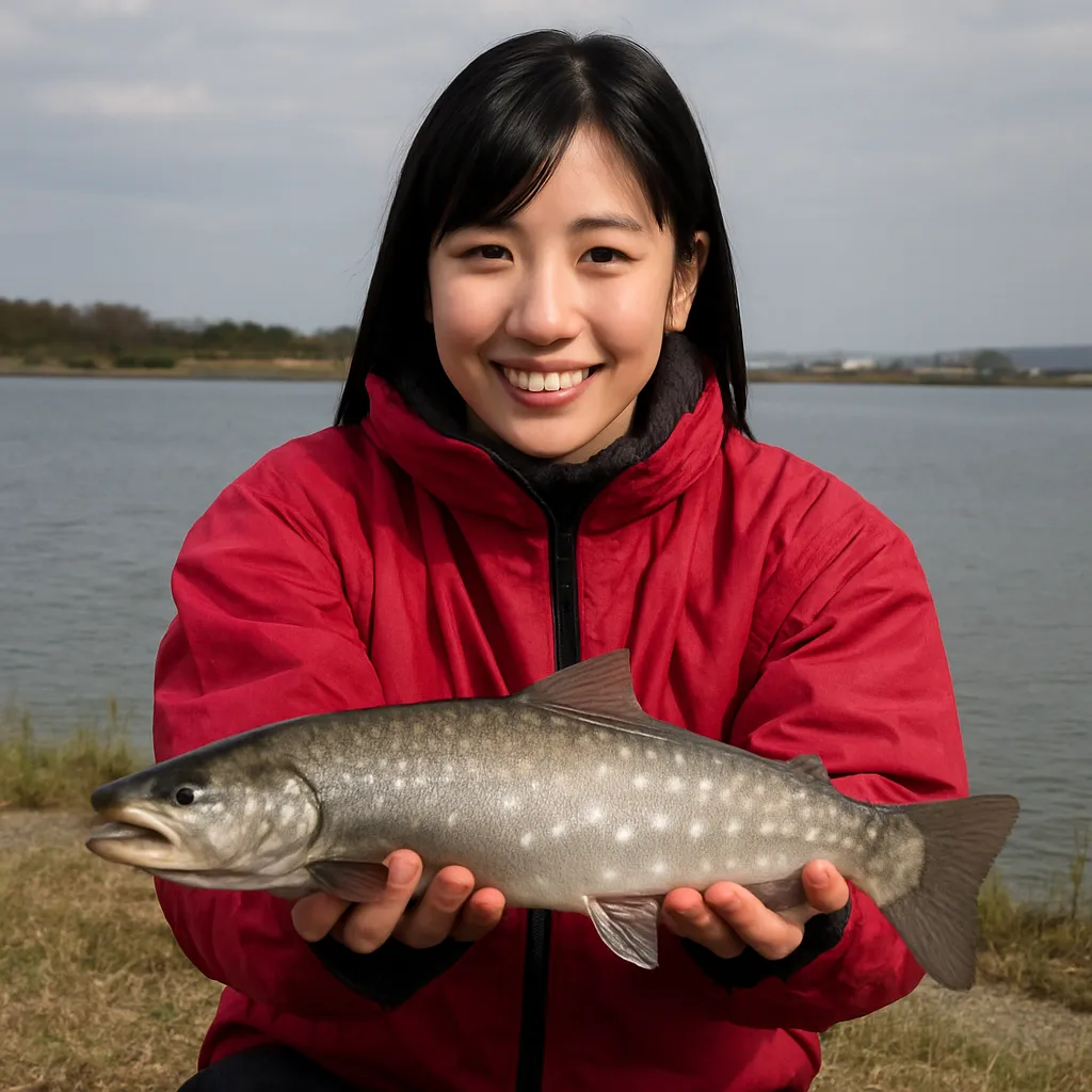 石狩湾新港でアメマスの釣果を得た女性.webp