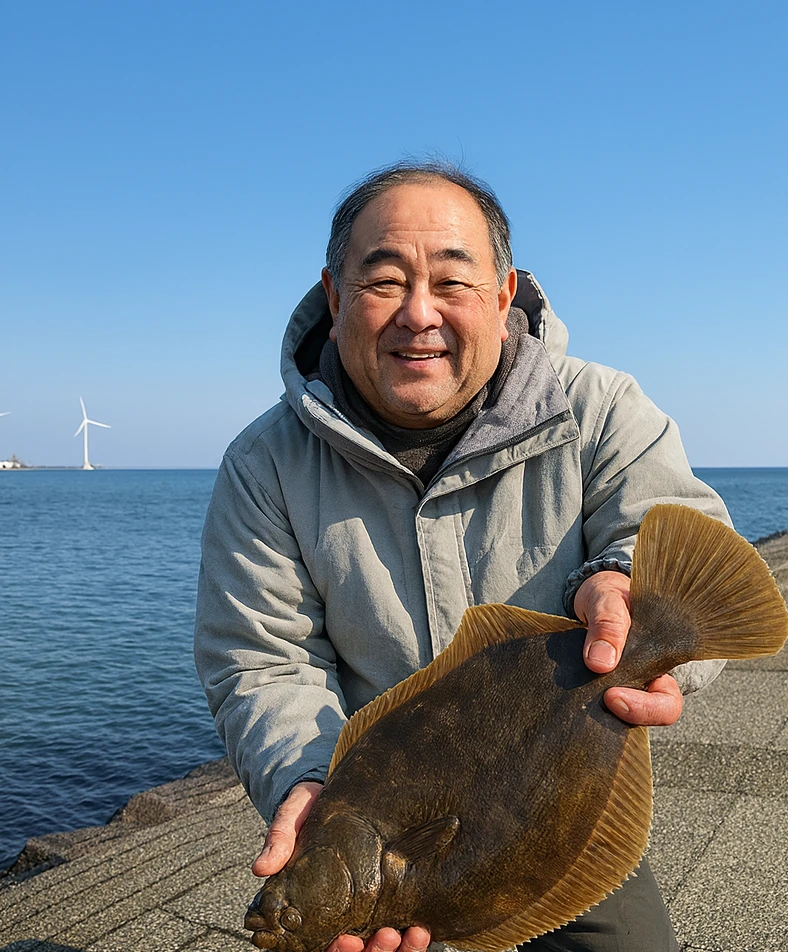 石狩湾新港でカレイの釣果を得た持田.webp