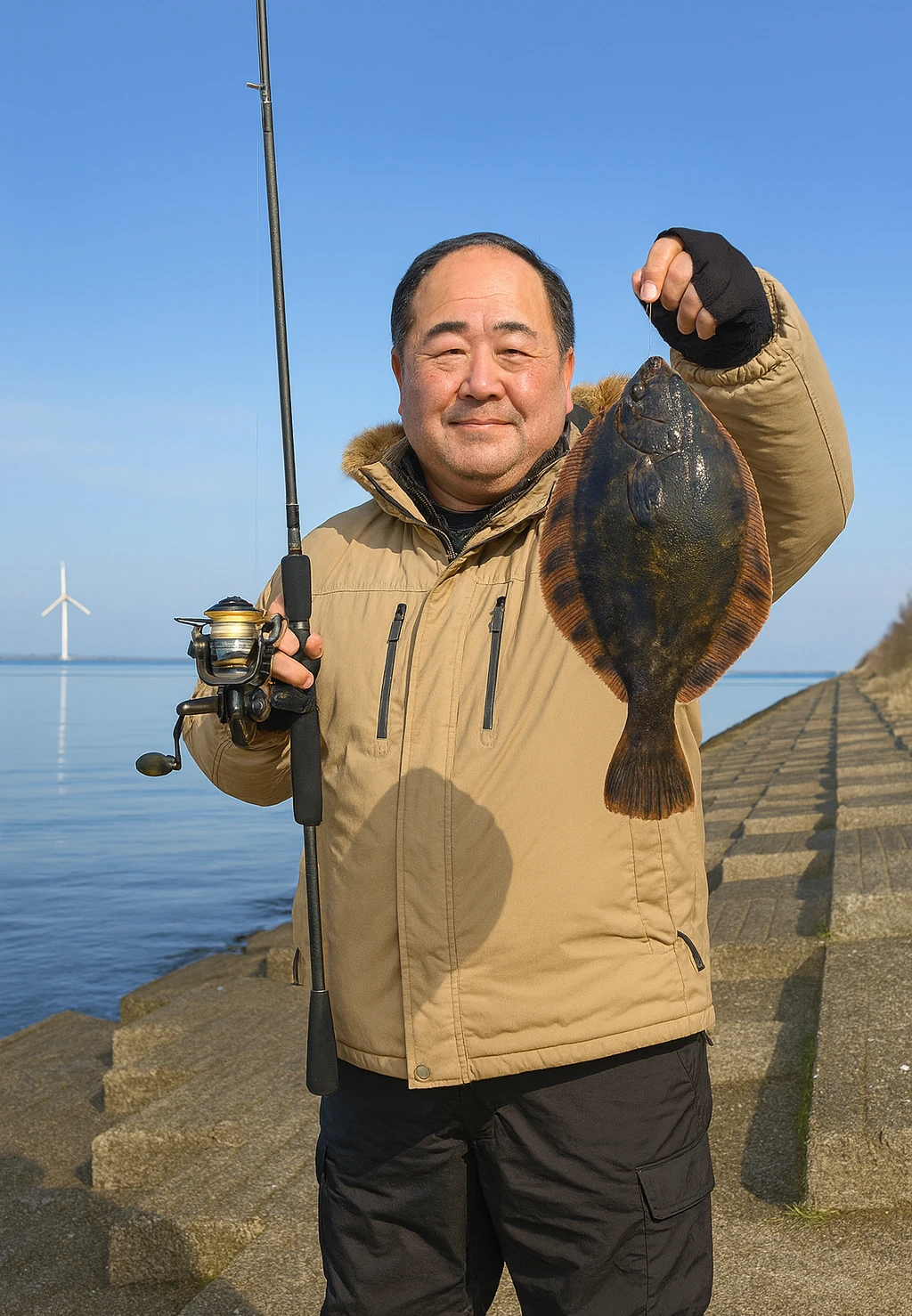石狩湾新港でクロガシラカレイの釣果を得た持田.webp