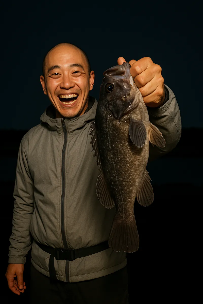 石狩湾新港でクロソイの釣果を得たがんだま君.webp