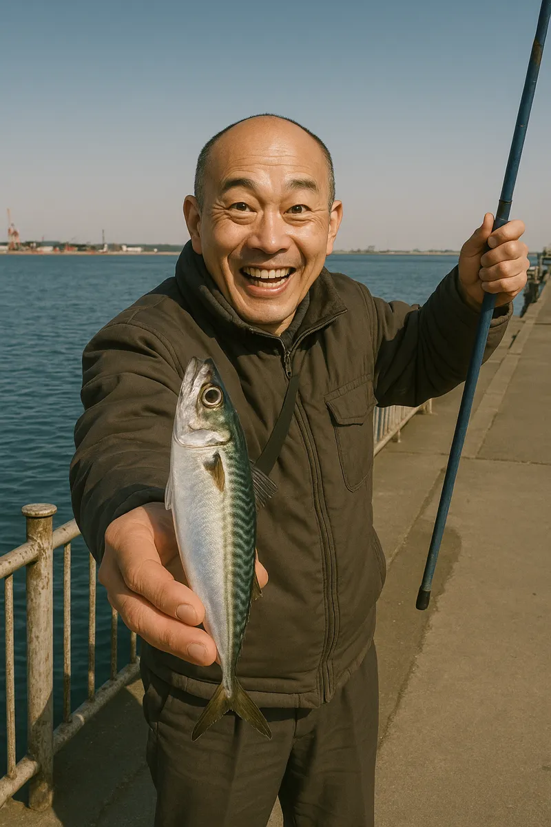 石狩湾新港でサバの釣果を得たがんだま君.webp