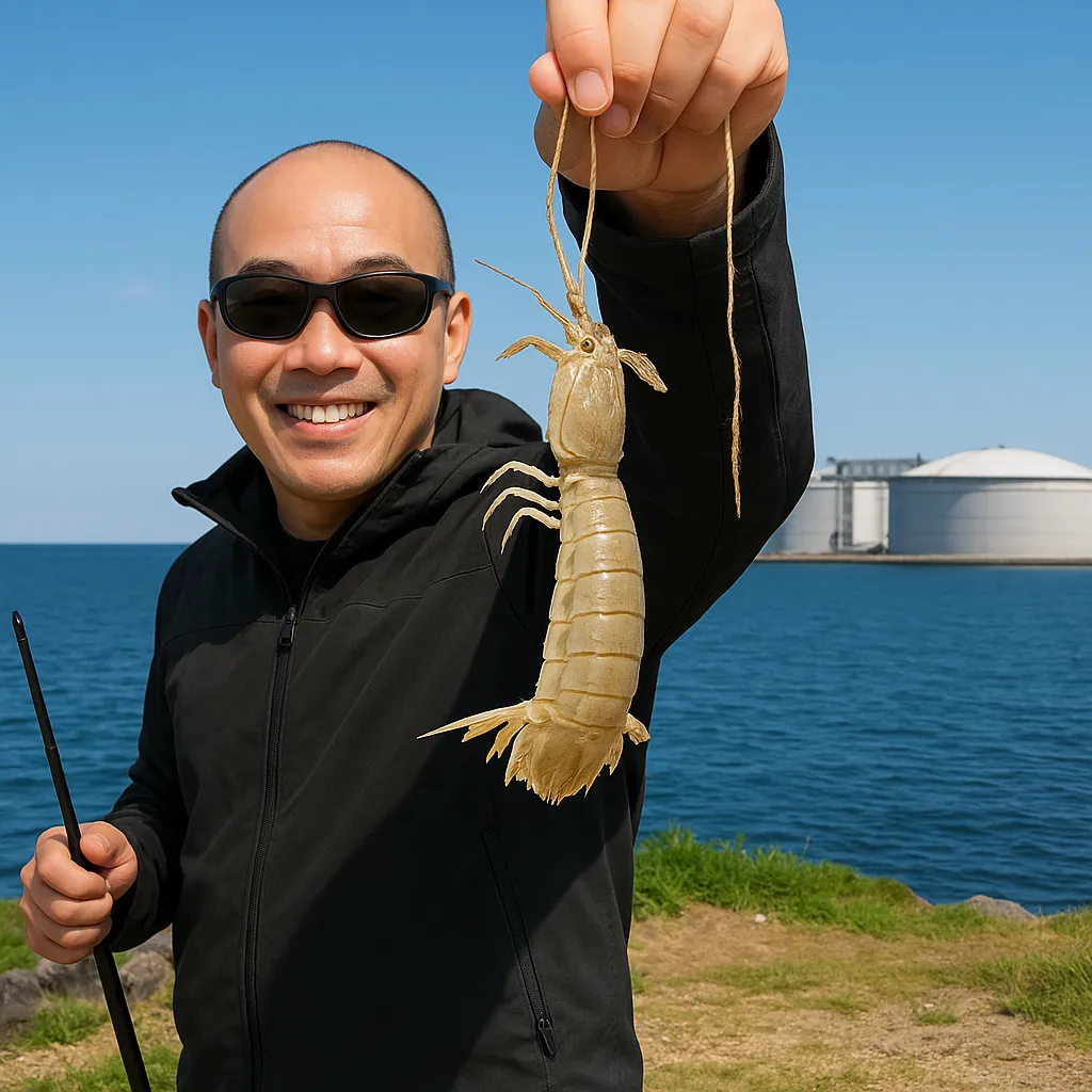 石狩湾新港でシャコの釣果を得たがんだま君.webp