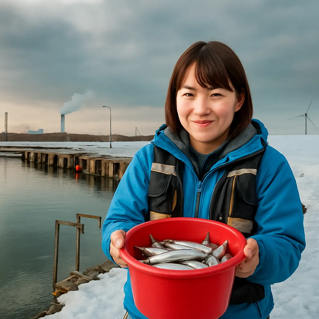 石狩湾新港でチカの釣果を得た女性.webp
