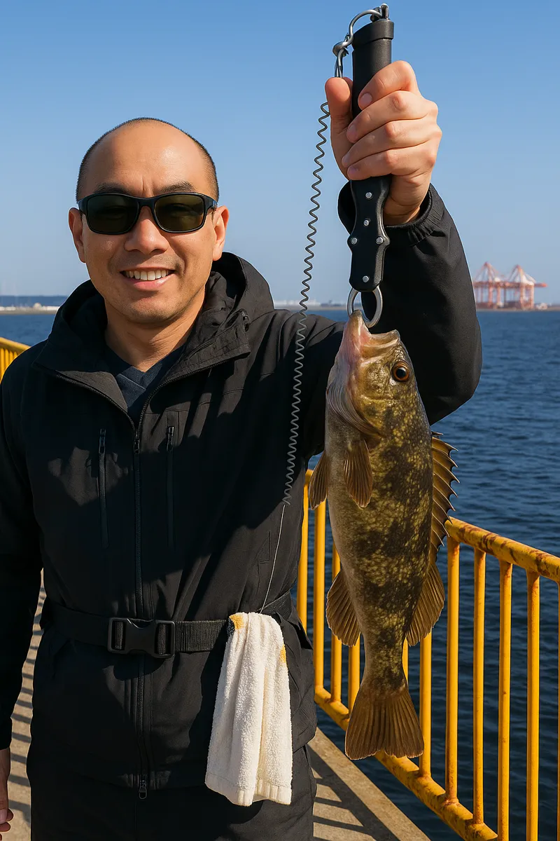 磯子海釣り施設でアイナメの釣果を得たがんだま君.webp