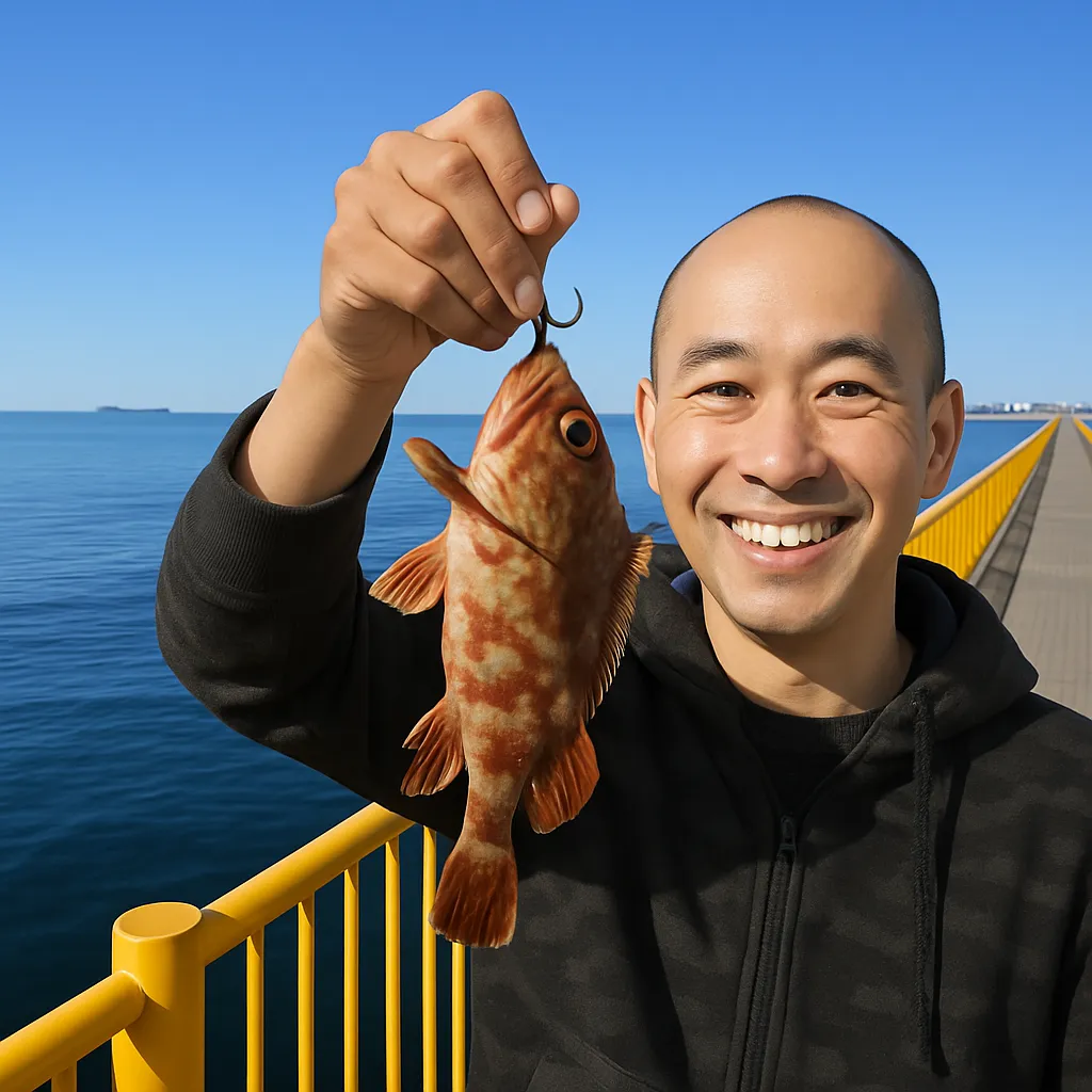 磯子海釣り施設でカサゴの釣果を得たがんだま君.webp
