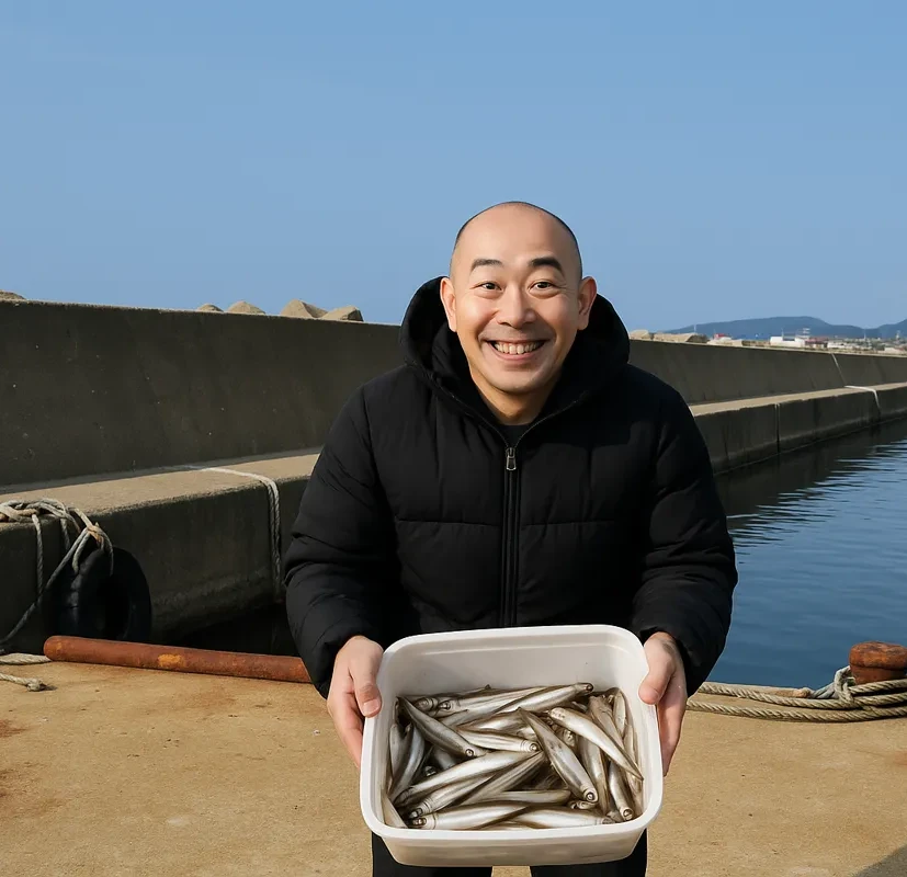 礼受漁港でチカの釣果を得たがんだま君.webp