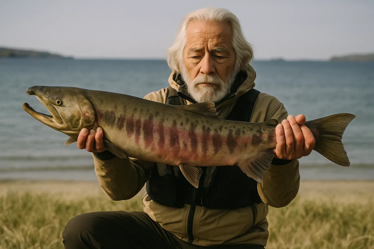 礼文島でサケの釣果を得た米田.webp