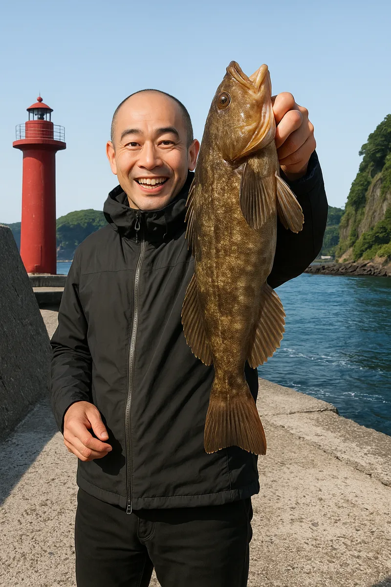 祝津漁港でアブラコの釣果を得たがんだま君.webp
