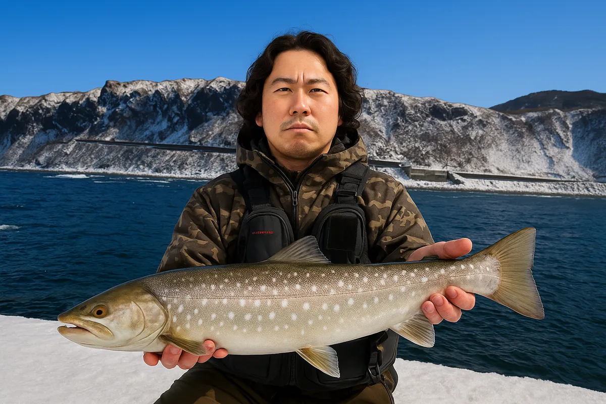 神岬漁港でアメマスの釣果を得た岸本.webp